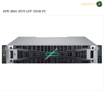A HPE MSA 2070 LFF 32GB FC high-performance storage server shown from the front on a white background with text and logo overlays.