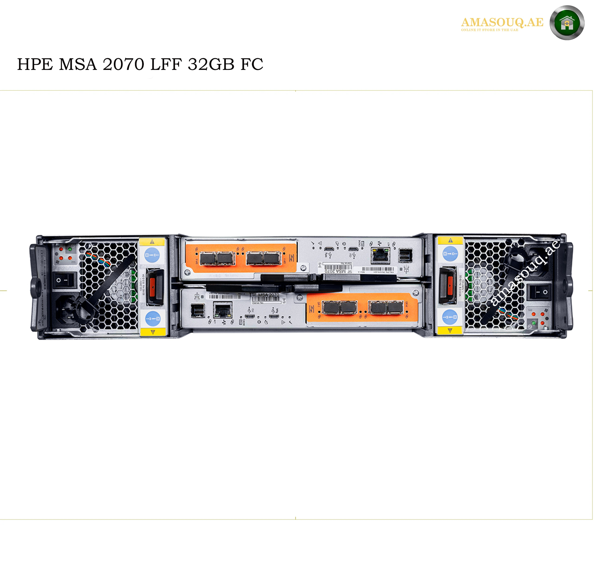 HPE MSA 2070 LFF 32GB FC high-performance storage server chassis shown from the rear, featuring orange and silver internal components, on a white background with HPE branding.