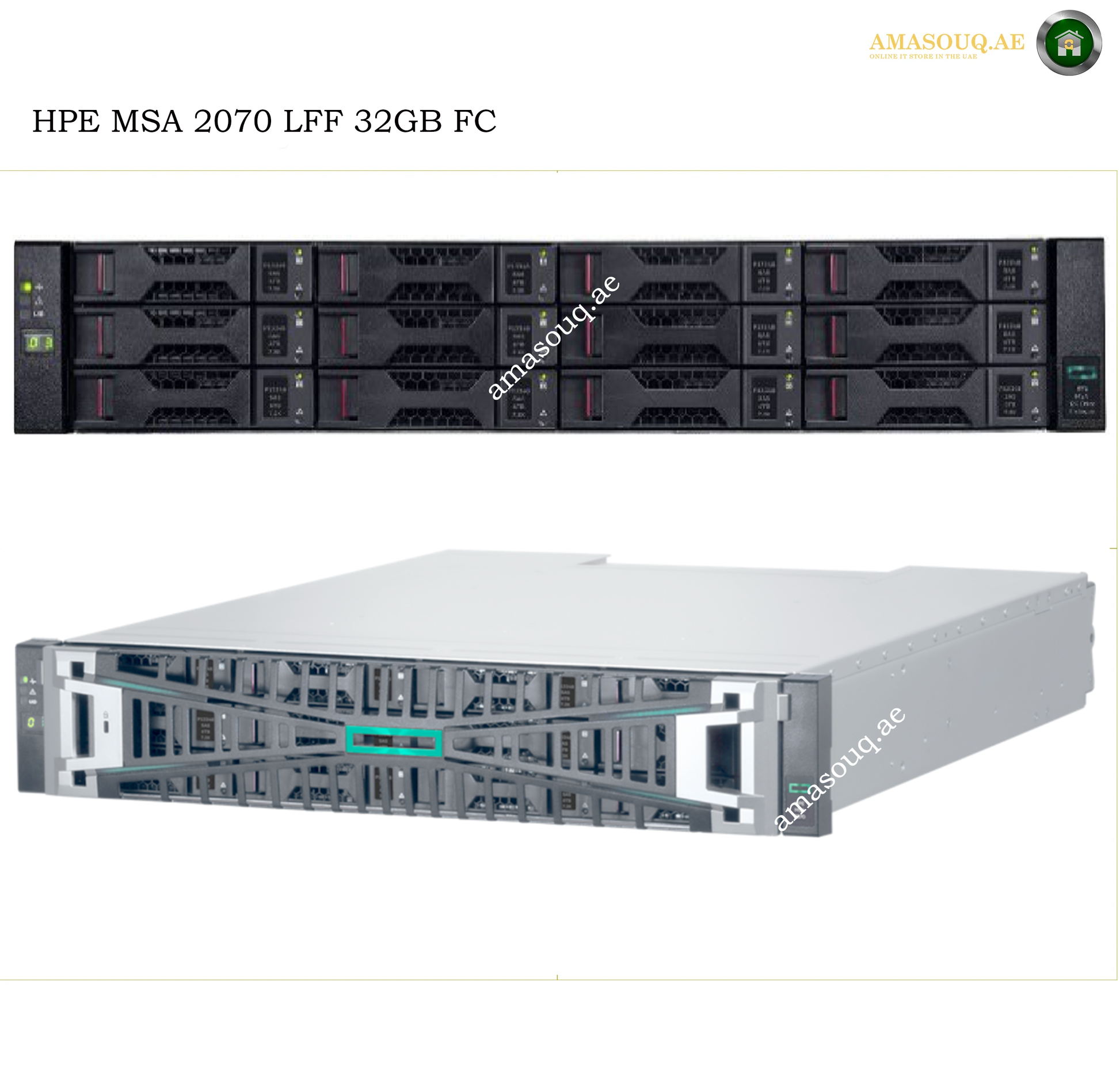 HPE MSA 2070 LFF 32GB FC storage server shown from the front and side on a white background, with the text 'HPE MSA 2070 LFF 32GB FC' at the top and an 'AMASOUQAE' watermark.