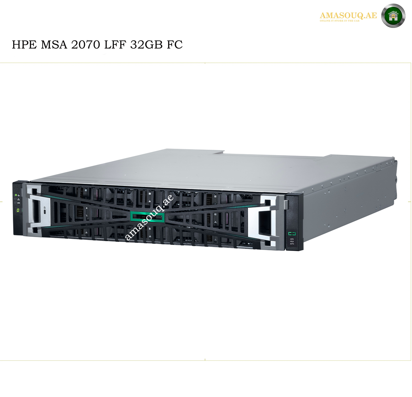 A HPE MSA 2070 LFF 32GB FC high-performance storage server shown from a three-quarters angle on a white background, with text overlays and a logo in the corners.