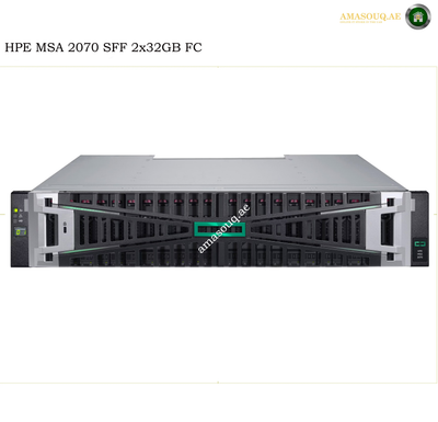 A HPE MSA 2070 SFF 2x32GB FC high-performance storage server shown from the front on a white background, with a green highlighted area pointing to the front drive bays and a diagonal 'amasouqae' watermark overlay.