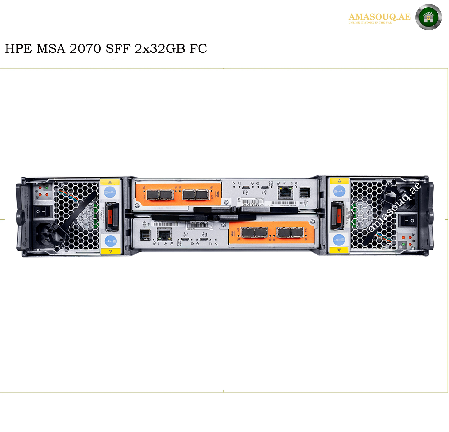 HPE MSA 2070 SFF 2x32GB FC high-performance storage server shown from the rear on a white background, featuring orange and silver chassis panels with multiple FC ports.