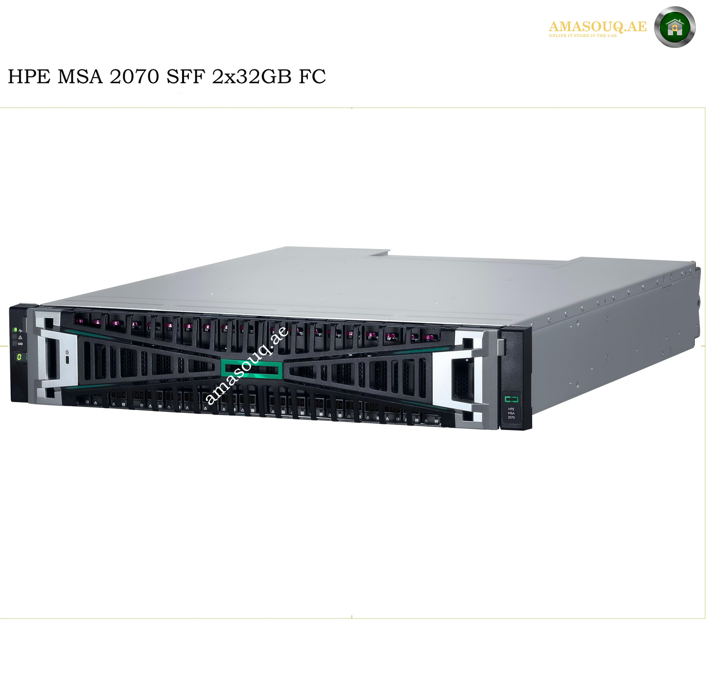 HPE MSA 2070 SFF 2x32GB FC high-performance storage server shown from a three-quarter angle on a white background, with HPE branding and model text at the top.