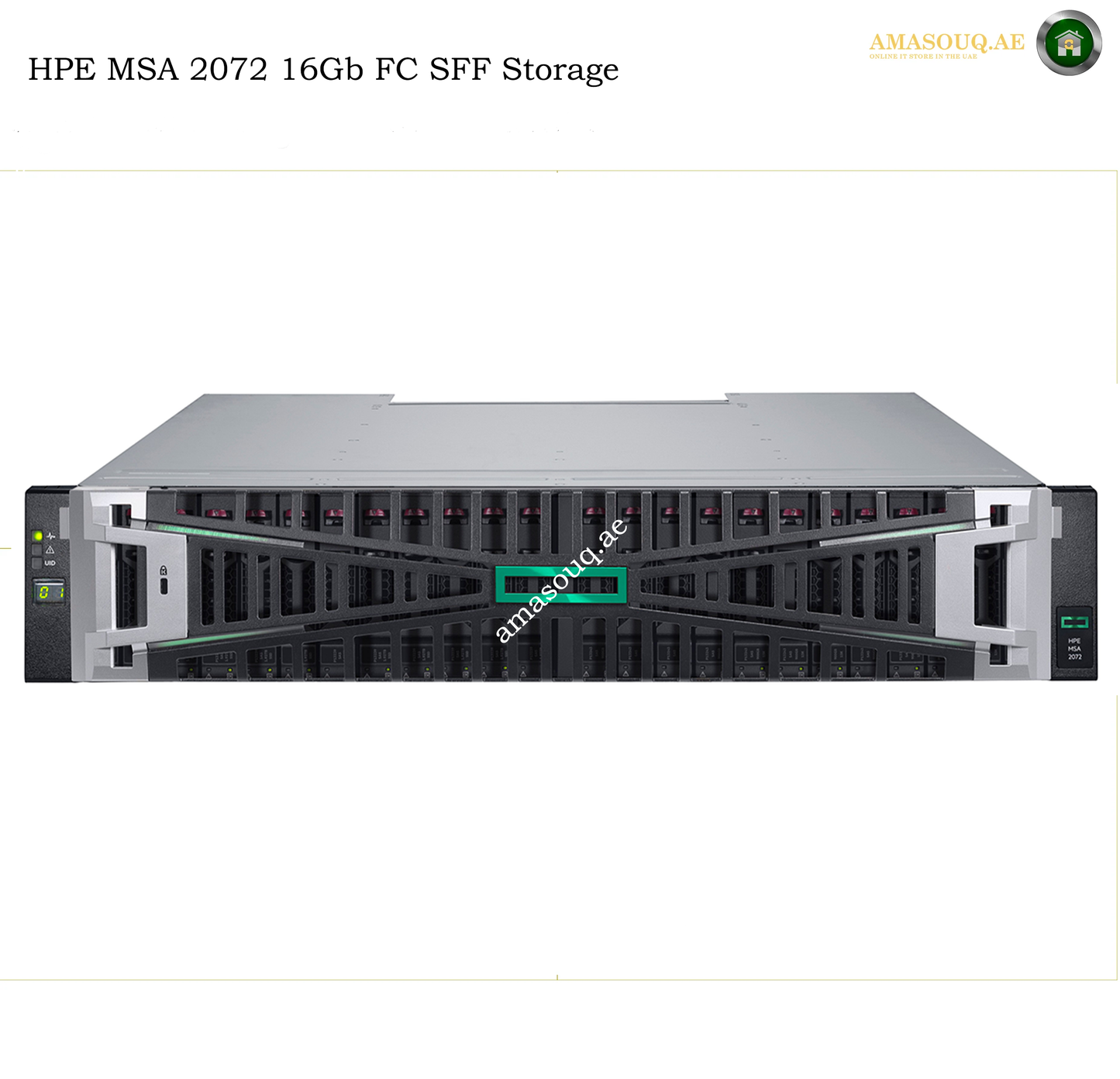 HPE MSA 2072 16Gb FC SFF Storage server shown from the front on a white background, with HPE branding visible and a green highlighted box over the front bays.