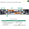 Technical product diagram showing the rear view of an HPE MSA 2072 16Gb Fibre Channel SFF storage server, with numbered callouts pointing to components and a feature specification table below on a white background.