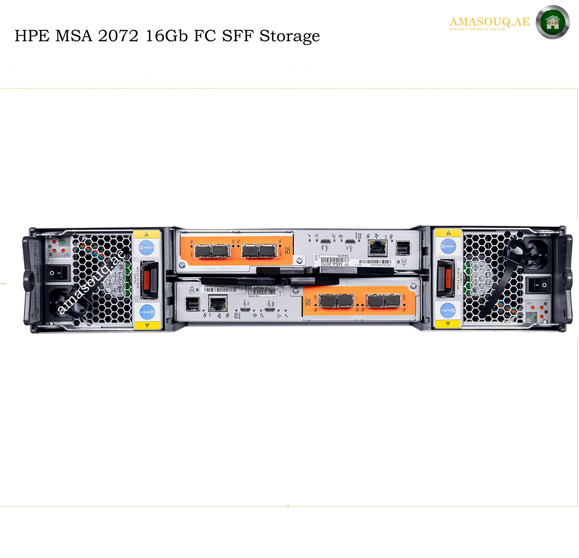 HPE MSA 2072 16Gb FC SFF Storage system shown from the front, featuring dual power supplies, orange and silver front panels, and black cooling fans on a white background.