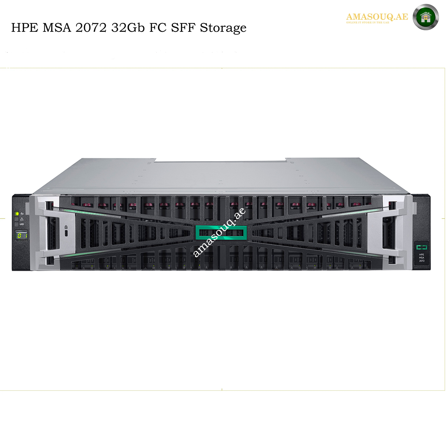 HPE MSA 2072 32Gb FC SFF Storage server shown from the front on a white background, with text at the top reading 'HPE MSA 2072 32Gb FC SFF Storage' and an 'AMASOUQAE' watermark/logo.