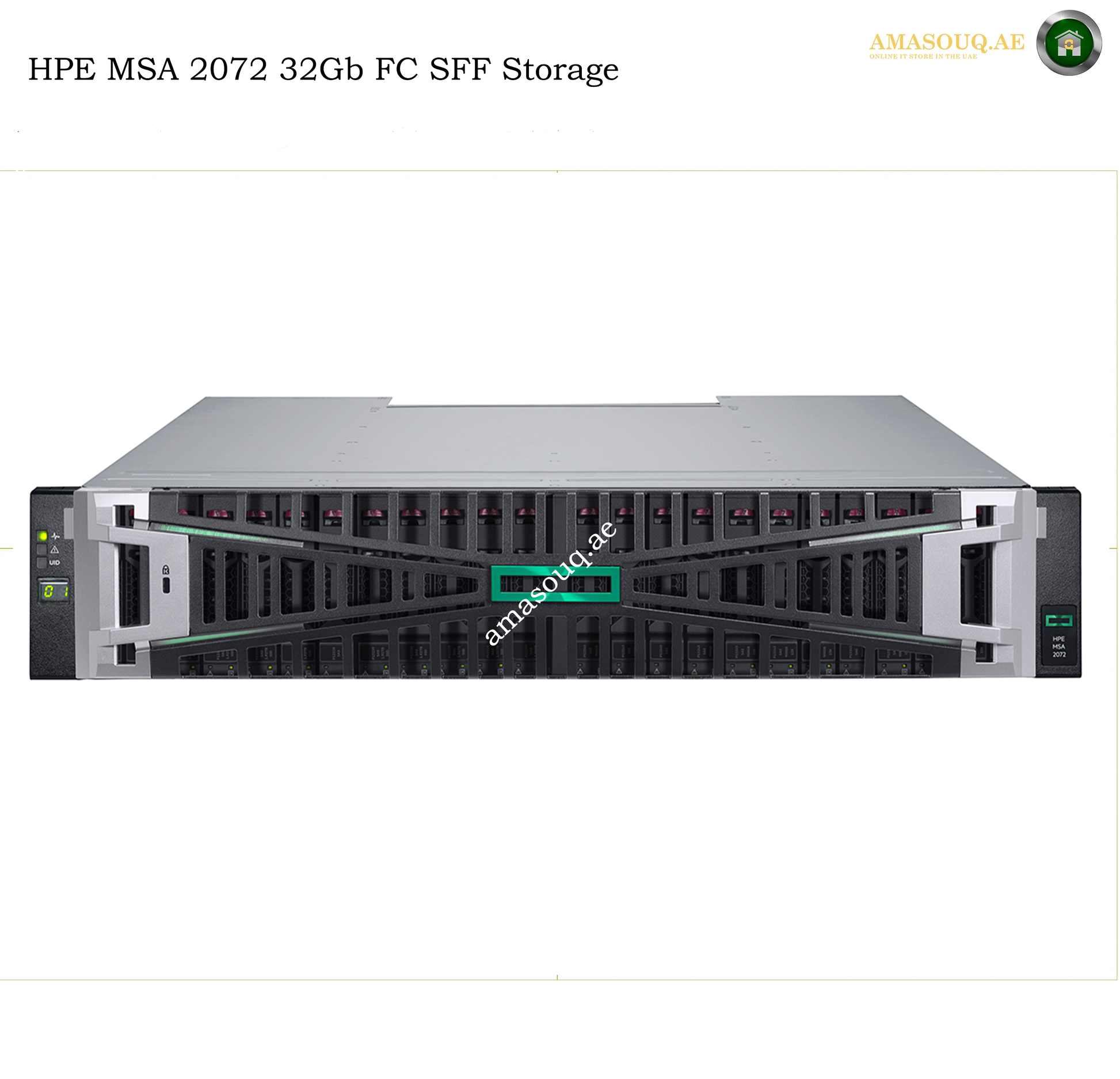 HPE MSA 2072 32Gb FC SFF Storage server shown from the front on a white background, with text at the top reading 'HPE MSA 2072 32Gb FC SFF Storage' and an 'AMASOUQAE' watermark/logo.