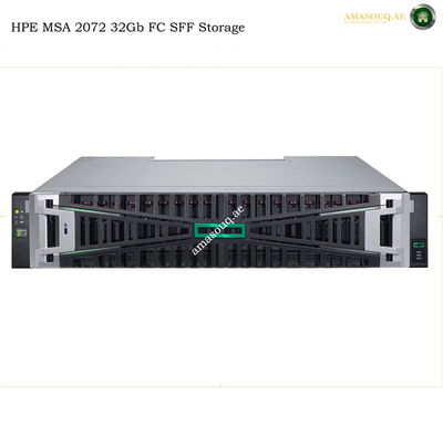 HPE MSA 2072 32Gb FC SFF Storage server shown from the front on a white background, with text at the top reading 'HPE MSA 2072 32Gb FC SFF Storage' and an 'AMASOUQAE' watermark/logo.