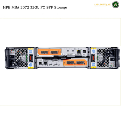 HPE MSA 2072 16Gb FC SFF Storage system shown from the front, featuring dual power supplies, orange and silver front panels, and black cooling fans on a white background.