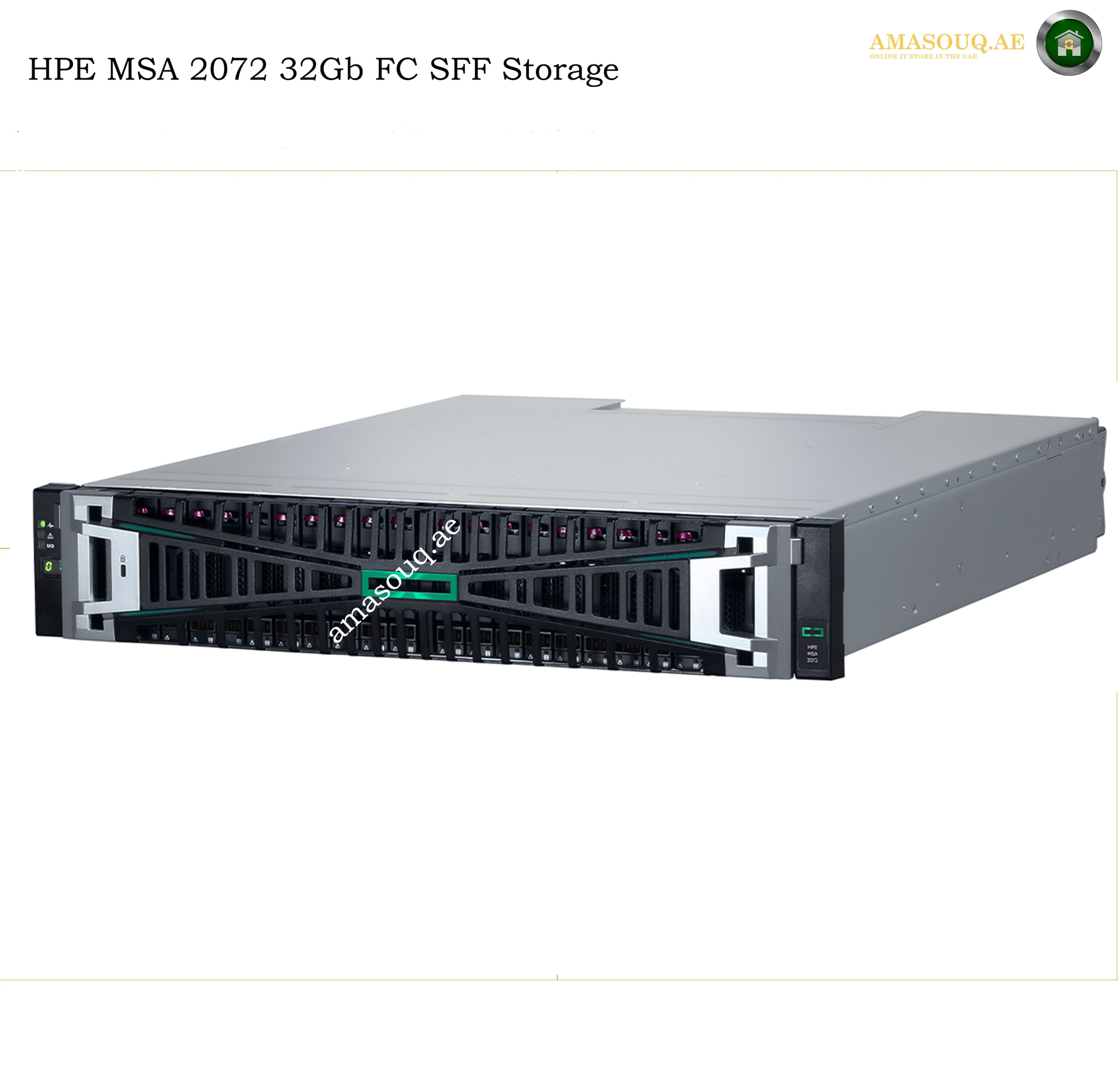 A HPE MSA 2072 32Gb FC SFF Storage server shown from a three-quarter angle on a white background, with text overlays reading 'HPE MSA 2072 32Gb FC SFF Storage' and a watermark 'amasouqae'.