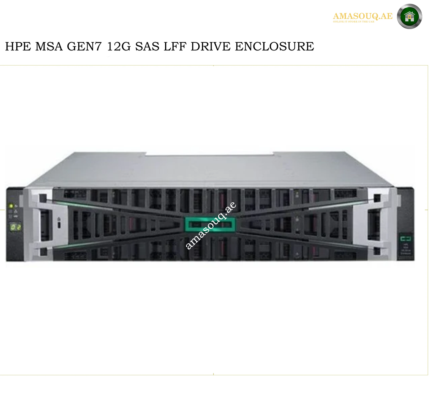 HPE MSA Gen7 12G SAS LFF Drive Enclosure server chassis shown from the front on a white background, with a watermark and Amasouqae branding.