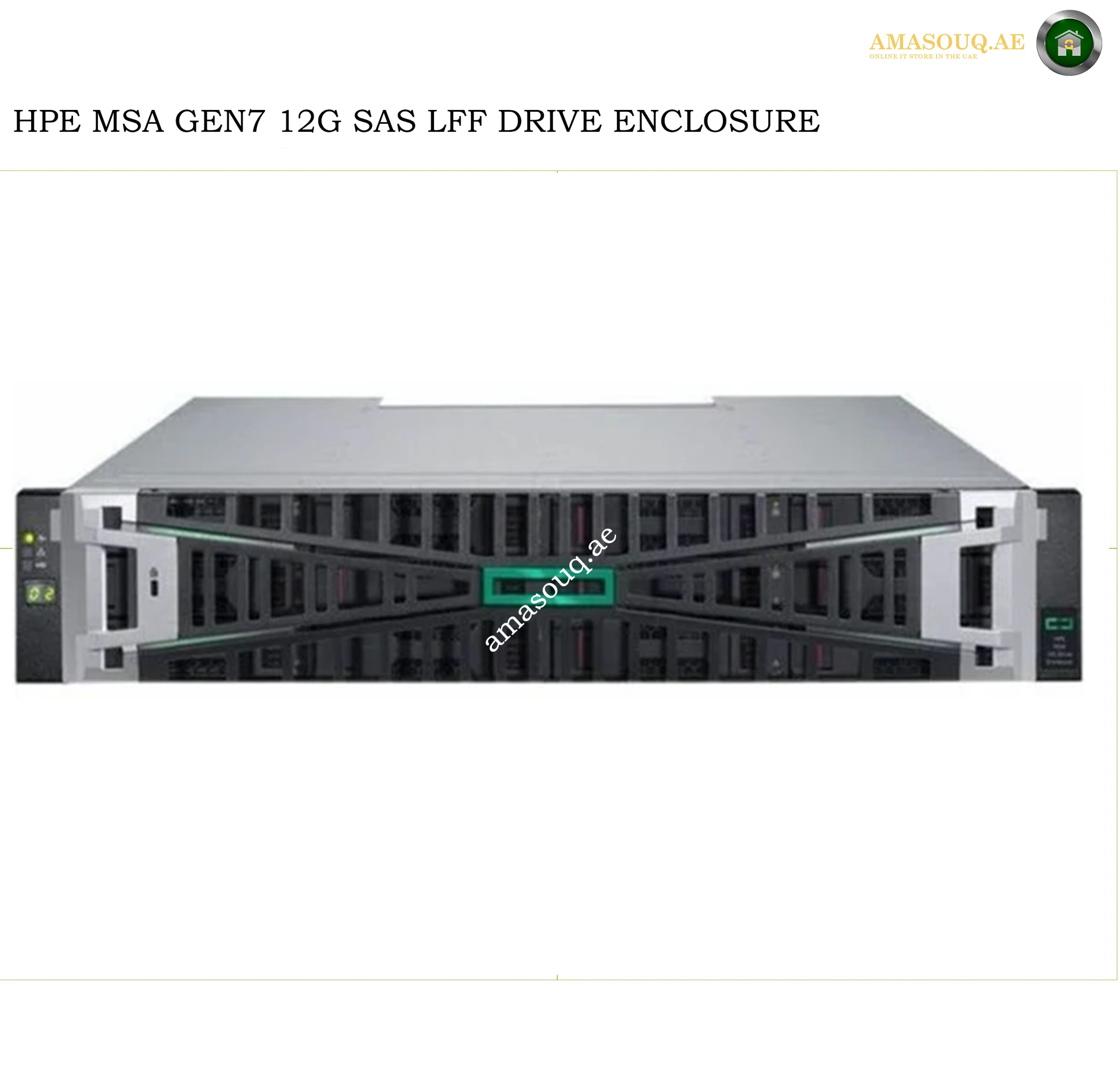 HPE MSA Gen7 12G SAS LFF Drive Enclosure server chassis shown from the front on a white background, with a watermark and Amasouqae branding.