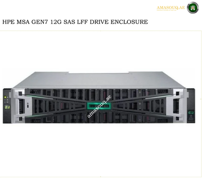 HPE MSA Gen7 12G SAS LFF Drive Enclosure server chassis shown from the front on a white background, with a watermark and Amasouqae branding.