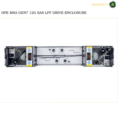 HPE MSA GEN7 12G SAS LFF Drive Enclosure shown from the front, featuring a silver metal chassis with black end caps, ventilation grilles, and various front panel connectors and indicators, set against a white background with text overlays.