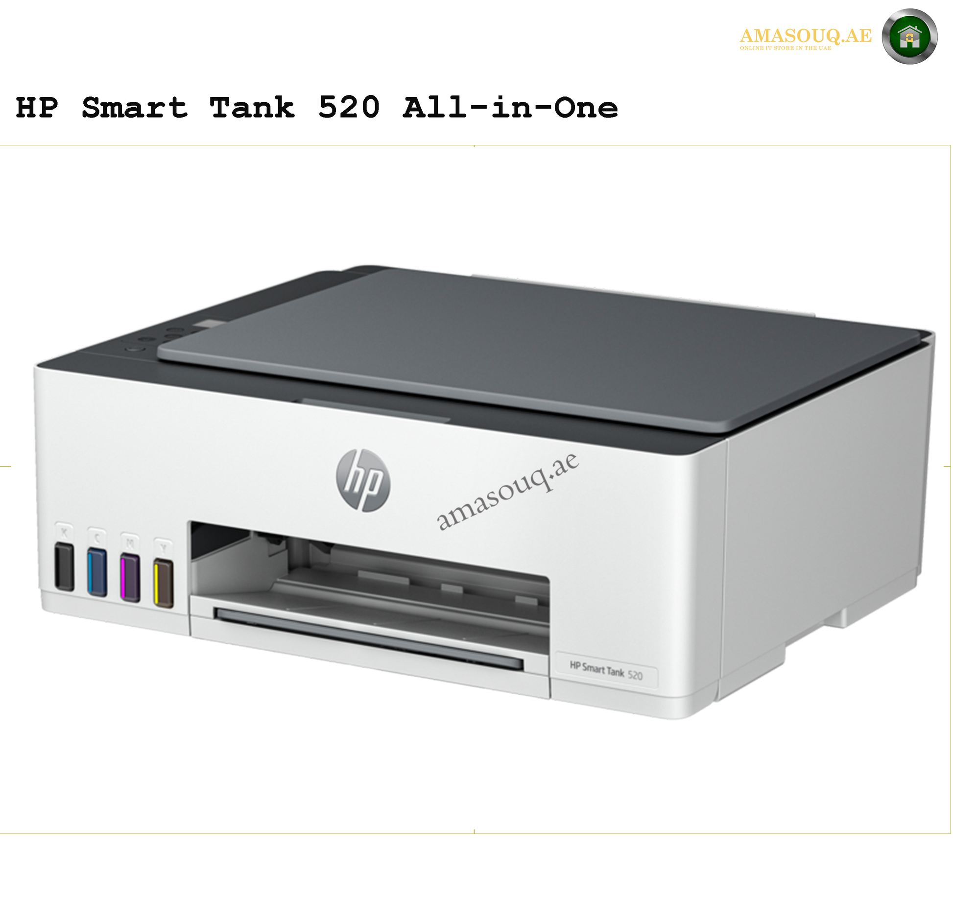 HP 520 Smart Tank AIO Printer side View. HP Smart Tank 520 All-in-One printer on a white background