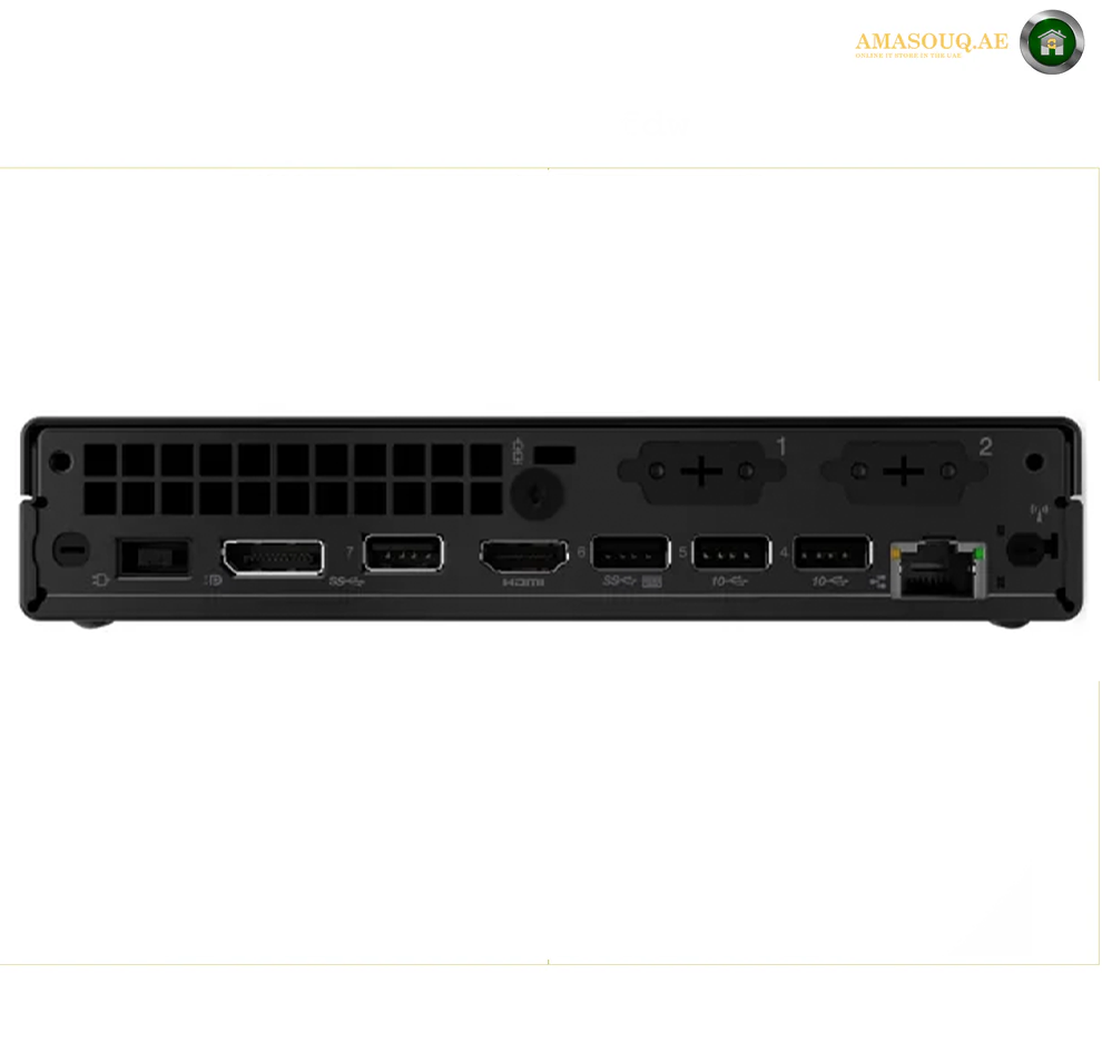 Rear view of a black desktop mini PC showing multiple ports including HDMI, USB-C, USB 3.0, USB 2.
