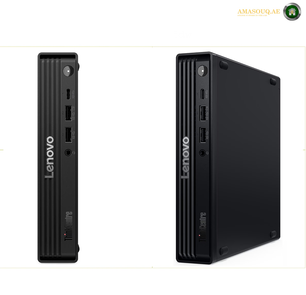 A Lenovo ThinkCentre small desktop computer shown from two angles on a white background, displaying the front and side views of its matte black chassis.