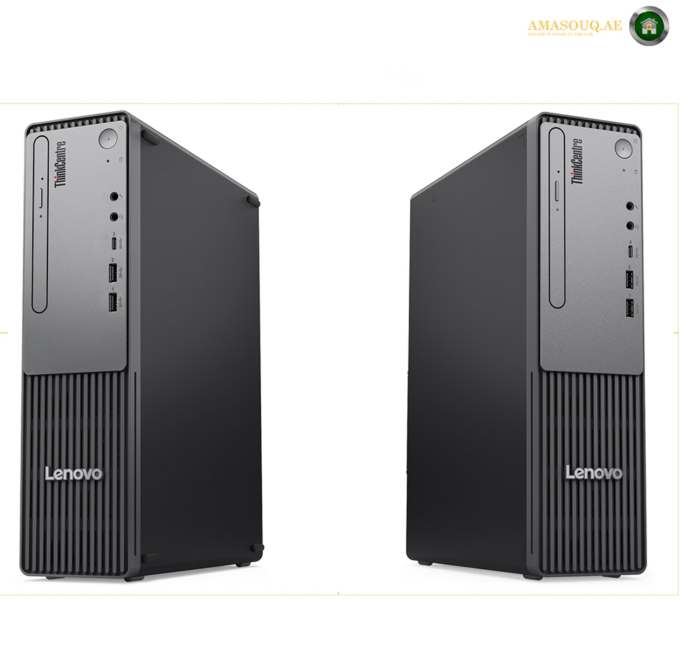 Two black Lenovo ThinkCentre desktop towers shown side by side on a white background, with front and three-quarter views. The Lenovo branding is visible on the lower front of both units.