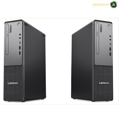 Two black Lenovo ThinkCentre desktop towers shown side by side on a white background, with front and three-quarter views. The Lenovo branding is visible on the lower front of both units.