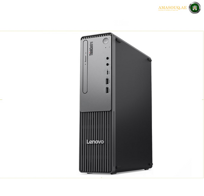 A Lenovo ThinkCentre desktop computer tower in black, shown from a three-quarter angle on a white background with a thin light-gray border.