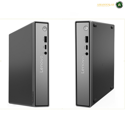 Two views of a Lenovo ThinkCentre M10 G10 desktop computer tower on a white background, showing the front and side panels.