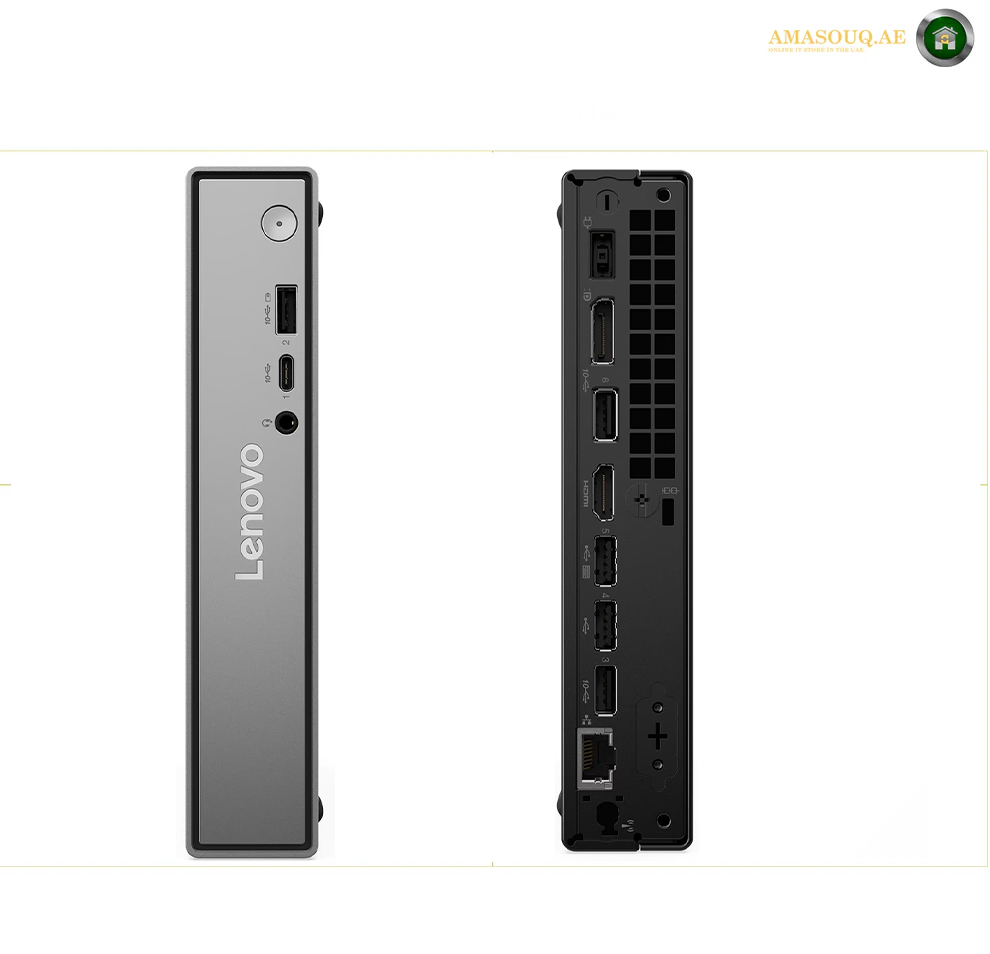 A Lenovo slim desktop computer shown from the front and back on a white background. The front view shows a dark gray metallic finish with the Lenovo logo, while the rear view shows black ports and connectors.