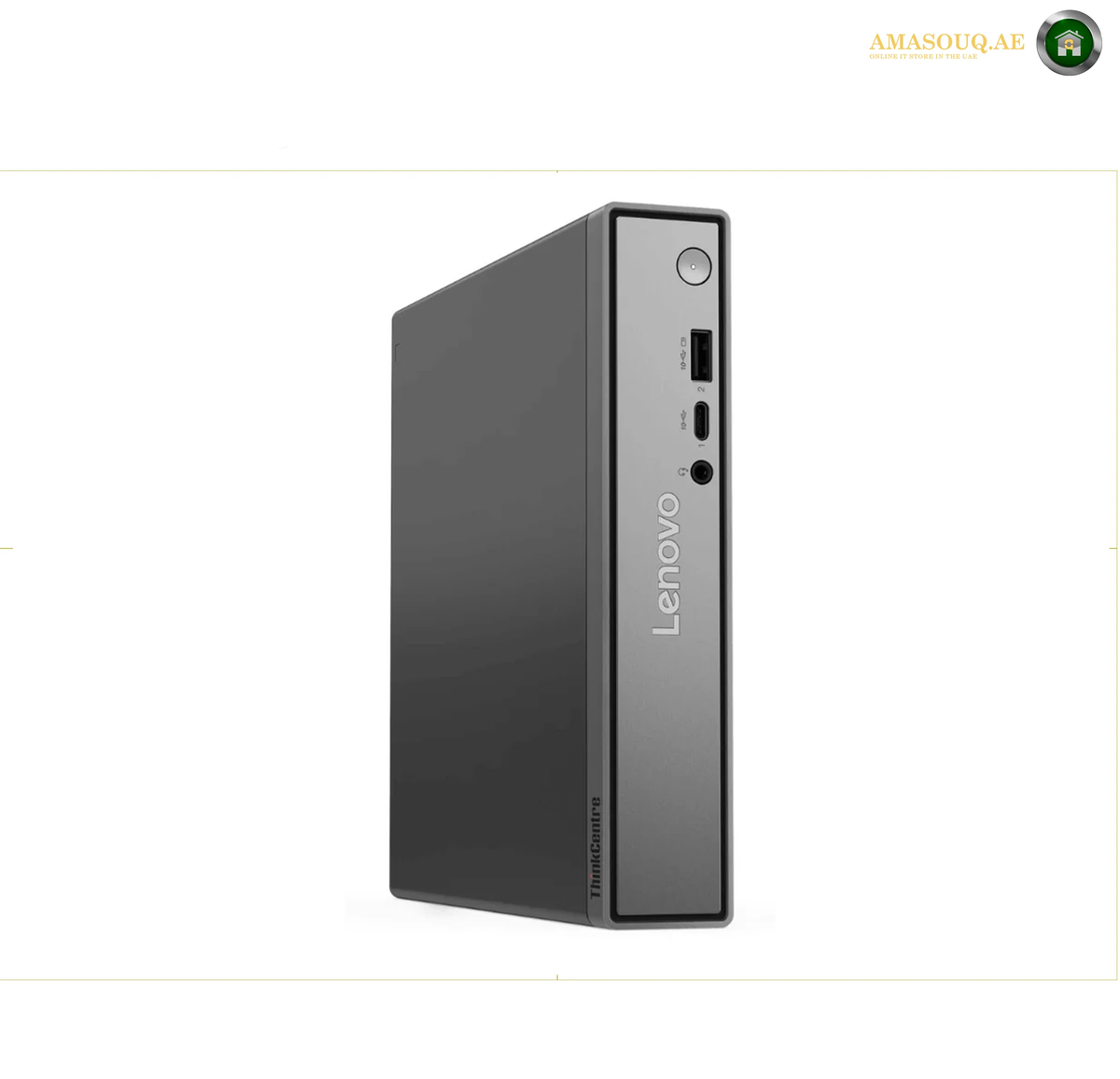A Lenovo ThinkCentre M10 G10 desktop computer tower in dark gray, shown from a three-quarter angle on a white background.