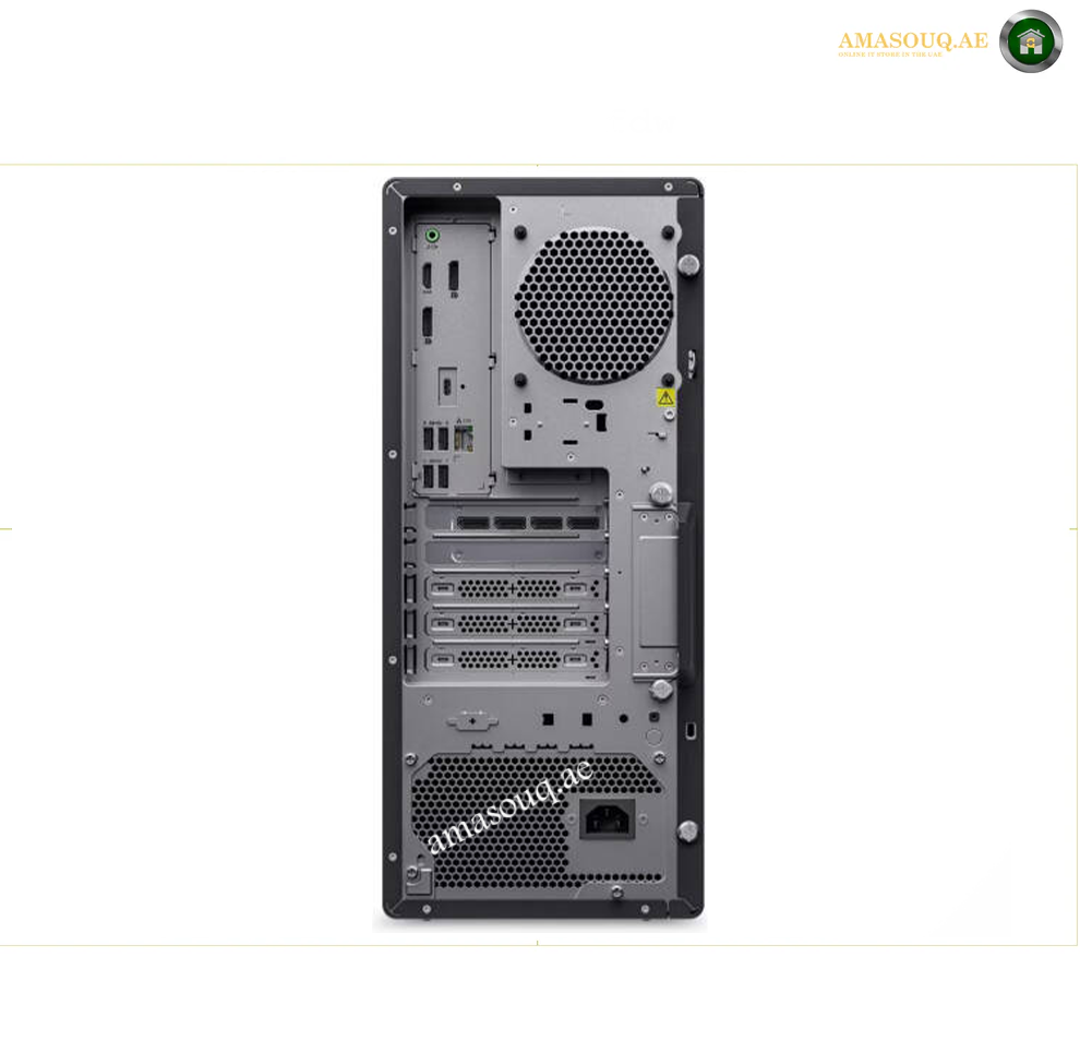 A silver and black desktop computer tower shown from the rear side, featuring a large circular cooling fan, multiple drive bays, and ports, photographed against a white background. Lenovo ThinkStation P4 workstation rear ports.