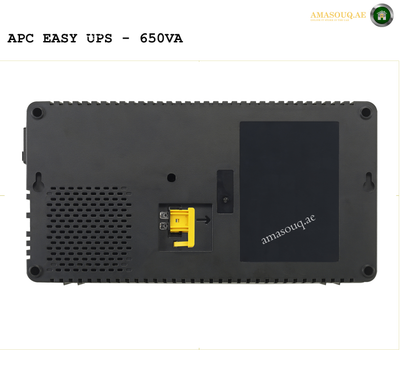 APC BV650I-MSX 650VA line-interactive UPS front view. Back view of an APC Easy UPS 650VA power supply unit with branding on a white background.