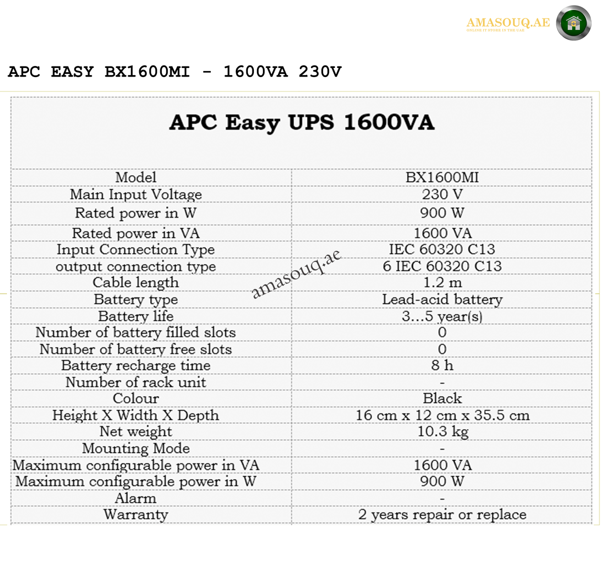 APC BX1600MI 1600VA UPS with automatic voltage regulation. Technical specifications of an APC Easy UPS 1600VA on a white background