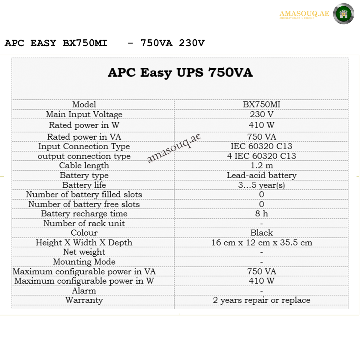 APC BX750MI tower UPS 230V. Technical specifications of an APC Easy UPS 750VA on a white background