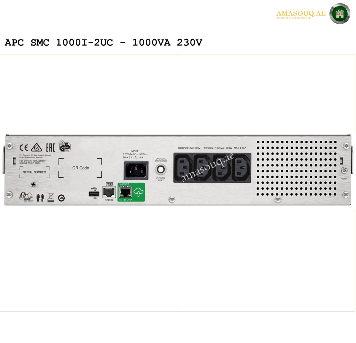 APC Smart-UPS C SMC1000I-2UC 2U rackmount UPS front view with LCD.Back view of an APC power system unit with branding on a white background