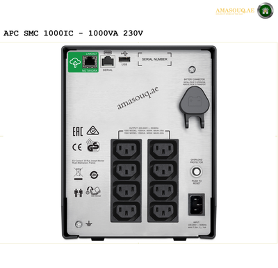 APC SMC1000IC 1000VA tower UPS front view with LCD display.Back view of an APC power system with multiple outlets and branding on a white background.
