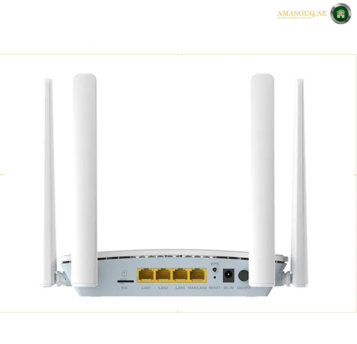 D-Link G403C 4G LTE SIM card router for home internet | G403C. A white 4-antenna wireless router shown from the back, featuring four external antennas, four LAN ports with yellow accents, and a power port on a clean white background.