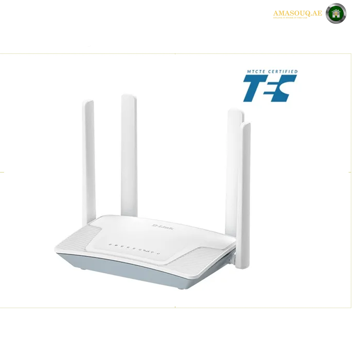 D-Link G403C N300 Wi-Fi router rear LAN and WAN ports | G403C. A white D-Link wireless router with four external antennas, shown on a white background with a blue 'Micro-Certified' T-Test logo and an 'AMASOUQAE' watermark.