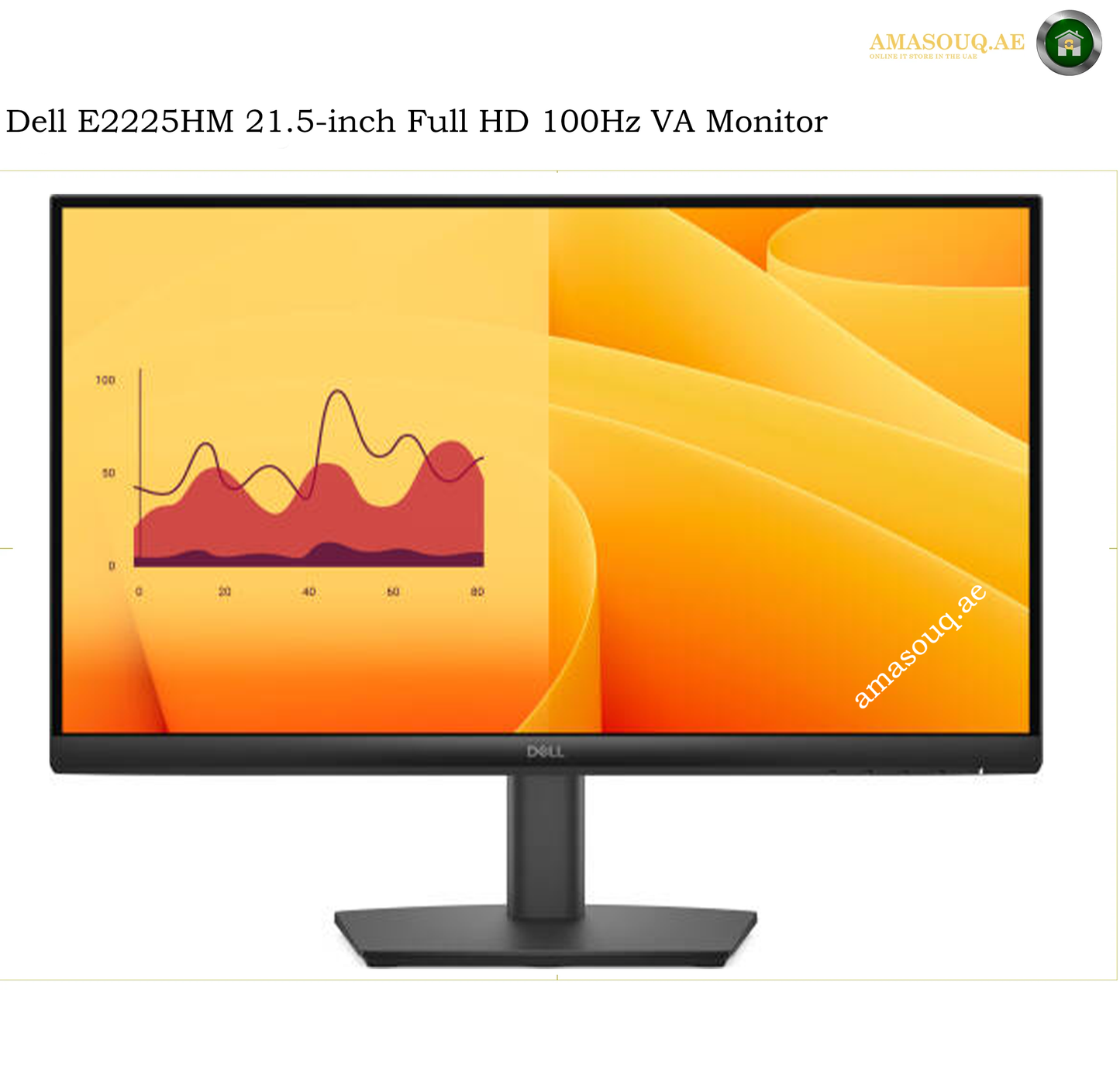 dell-e2225hm-21-5-inch-full-hd-monitor. Dell E2225HM 21.5-inch Full HD 100Hz VA Monitor with a black stand, shown on a white background with text and brand watermark.
