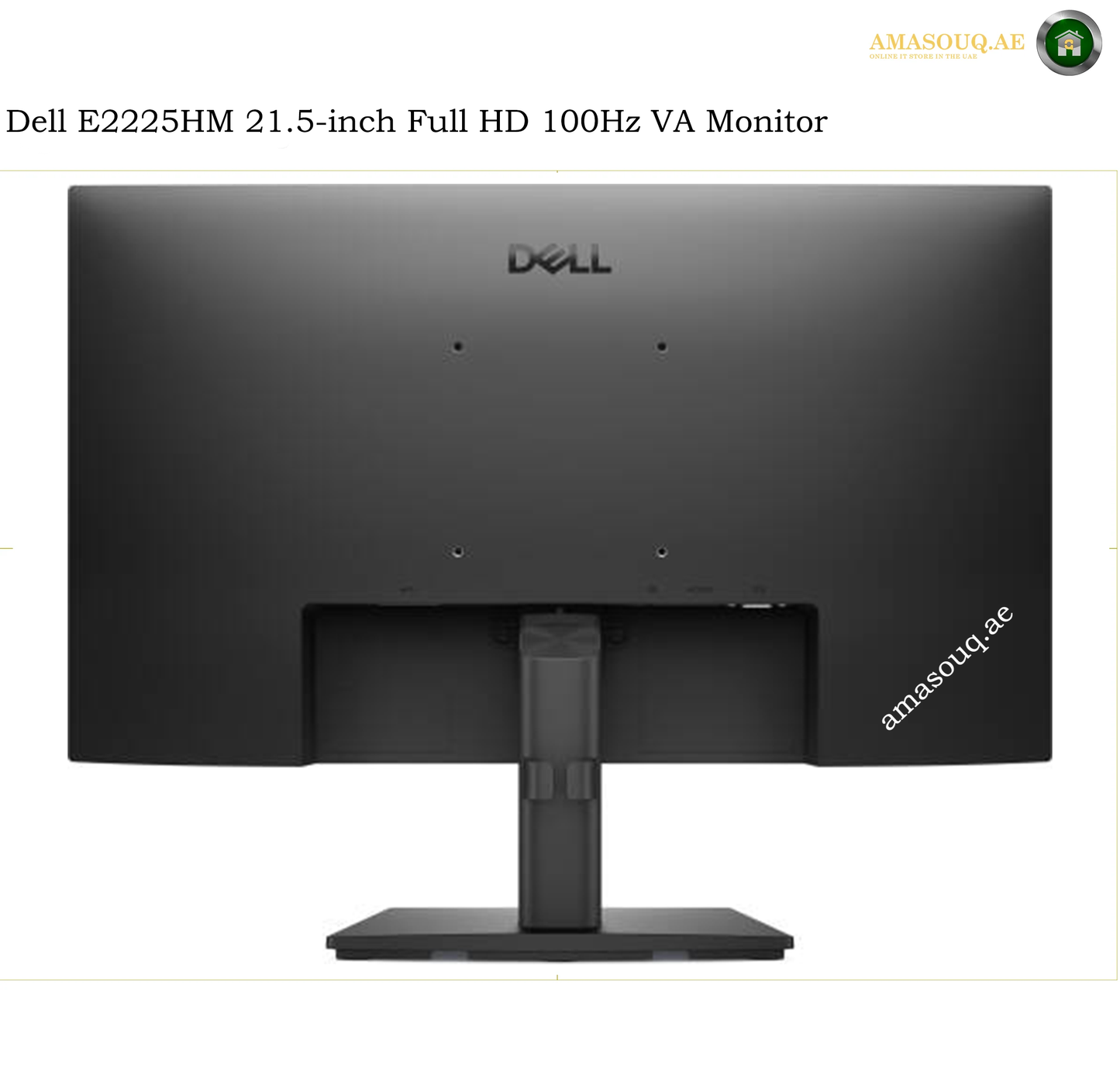 dell-e2225hm-rear-view. Dell E2225HM 21.5-inch Full HD 100Hz VA monitor shown from the back on a white background, with a black stand and subtle Amazon-style watermark text on the lower right.