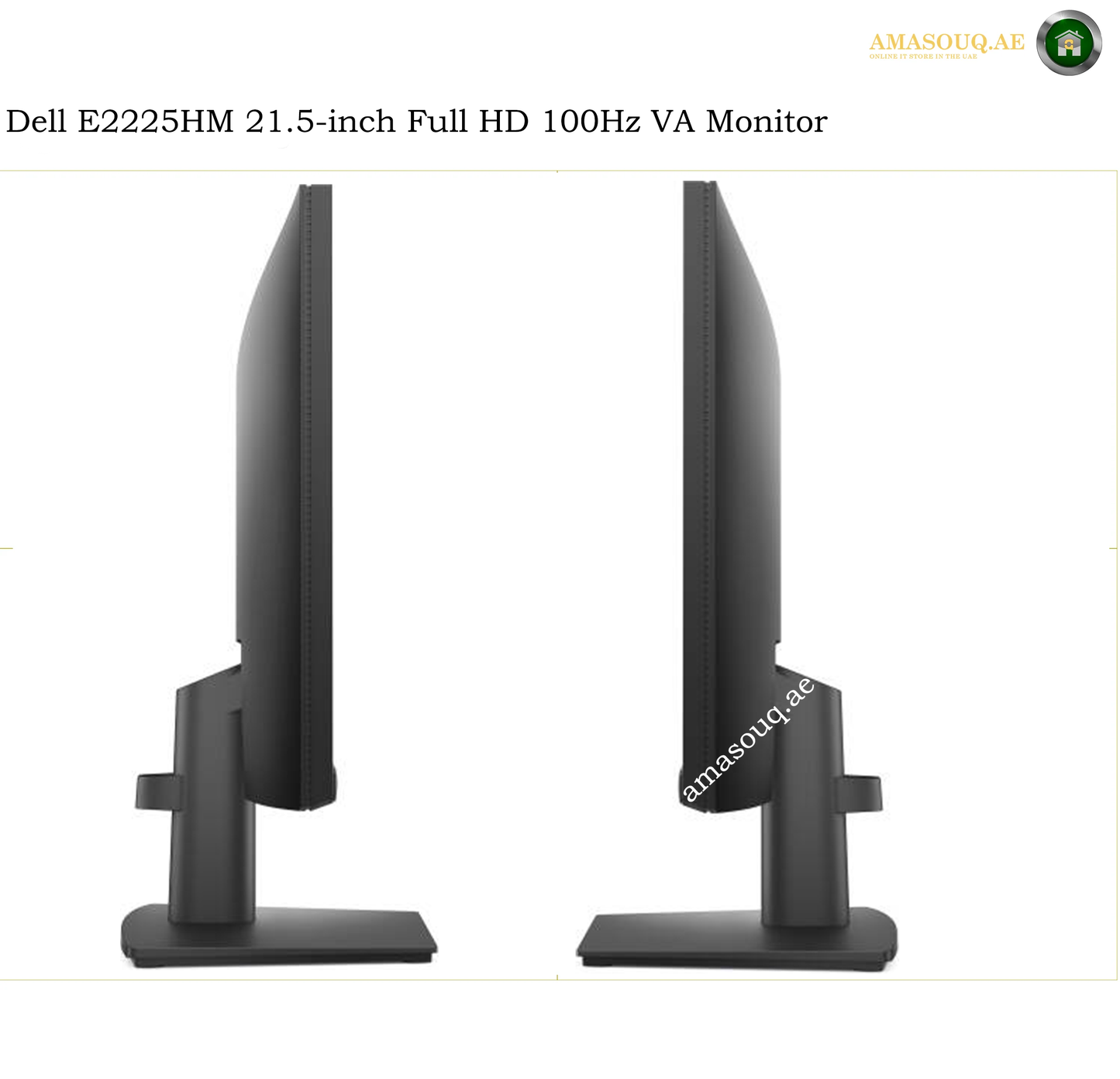dell-e2225hm-tilt-stand. Two views of a Dell E2225HM 21.5-inch Full HD 100Hz VA Monitor on a white background, showing the front and back profiles of the black monitor with its stand.
