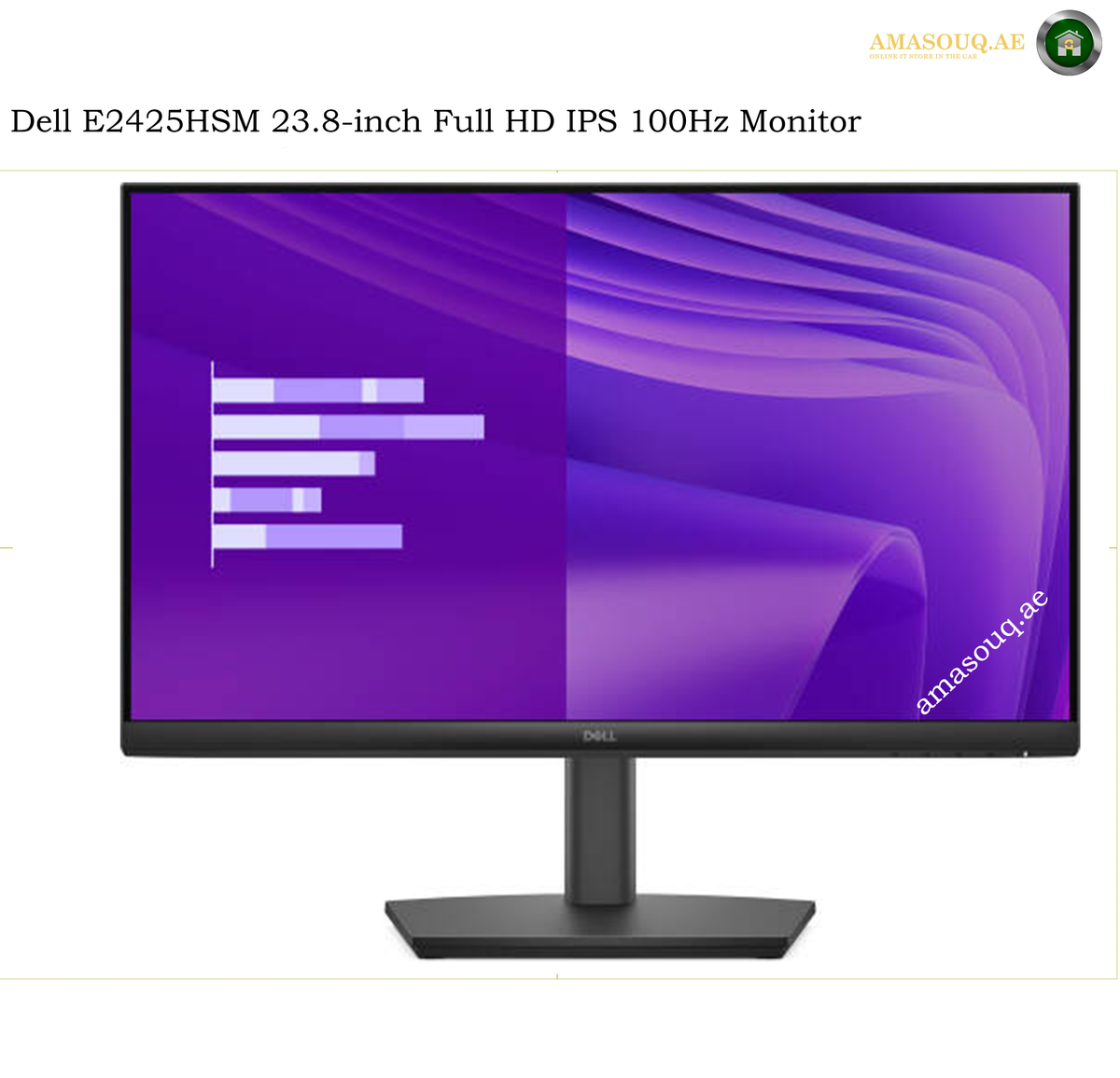 dell-e2425hsm-23-8-inch-full-hd-ips-monitor. Dell E22425HSM 23.8-inch Full HD IPS 100Hz Monitor with a black stand, shown on a white background with a purple screen display.