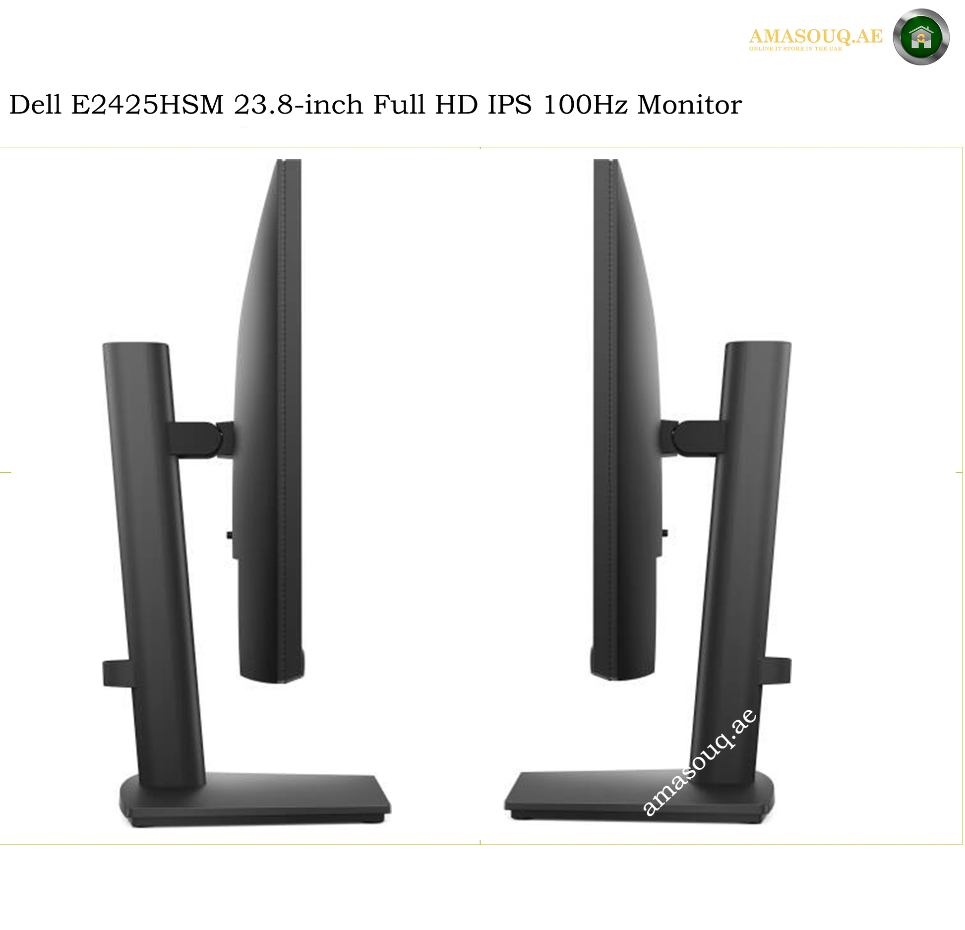 dell-e2425hsm-adjustable-stand. Two views of a Dell E2425HSM 23.8-inch Full HD IPS 100Hz Monitor with a black stand, shown on a white background with text and brand logos.