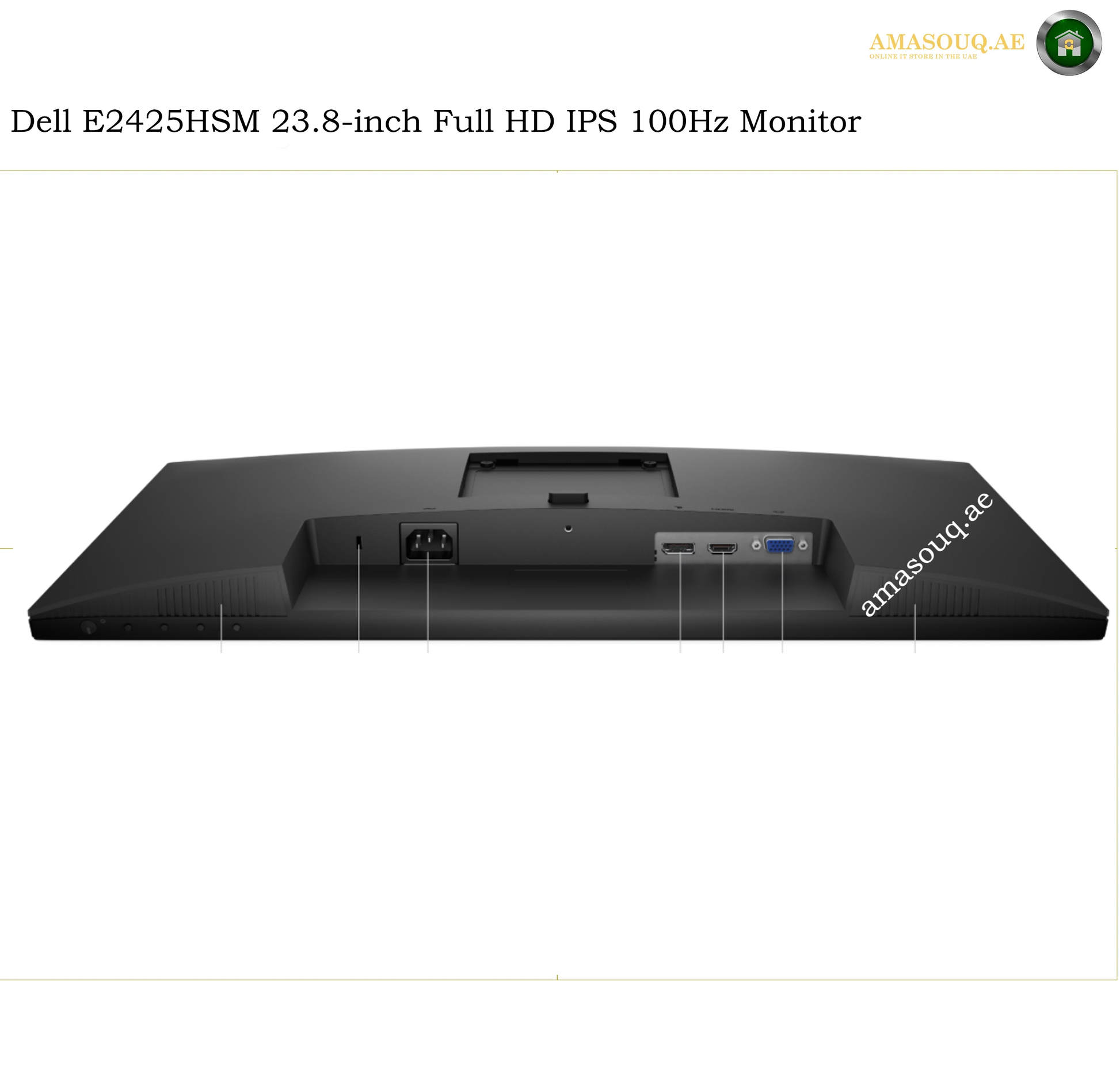 dell-e2425hsm-hdmi-displayport-vga. Rear view of a Dell E2425HSM 23.8-inch Full HD IPS 100Hz monitor on a white background, showing the power adapter port, USB ports, and VGA port.