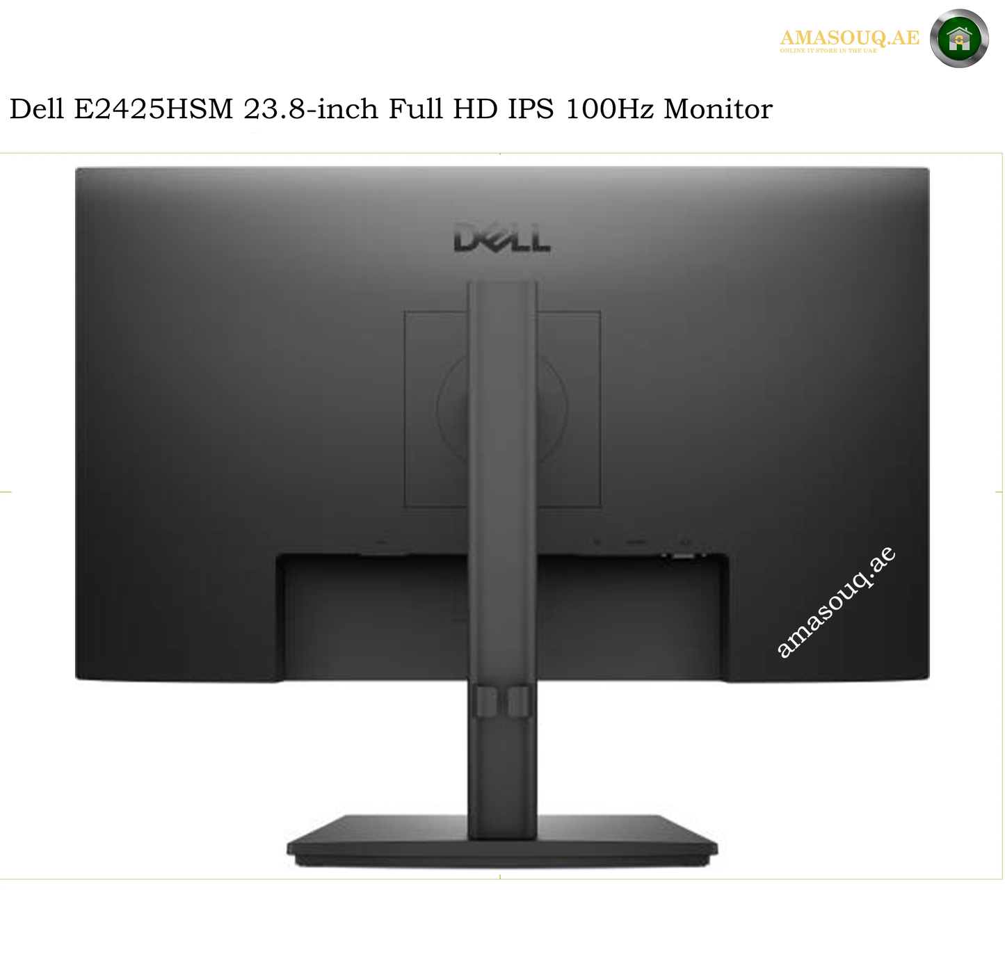dell-e2425hsm-rear-view. Dell E2425HSM 23.8-inch Full HD IPS 100Hz Monitor shown from the back, featuring a matte black finish, a central stand, and a base on a white background.