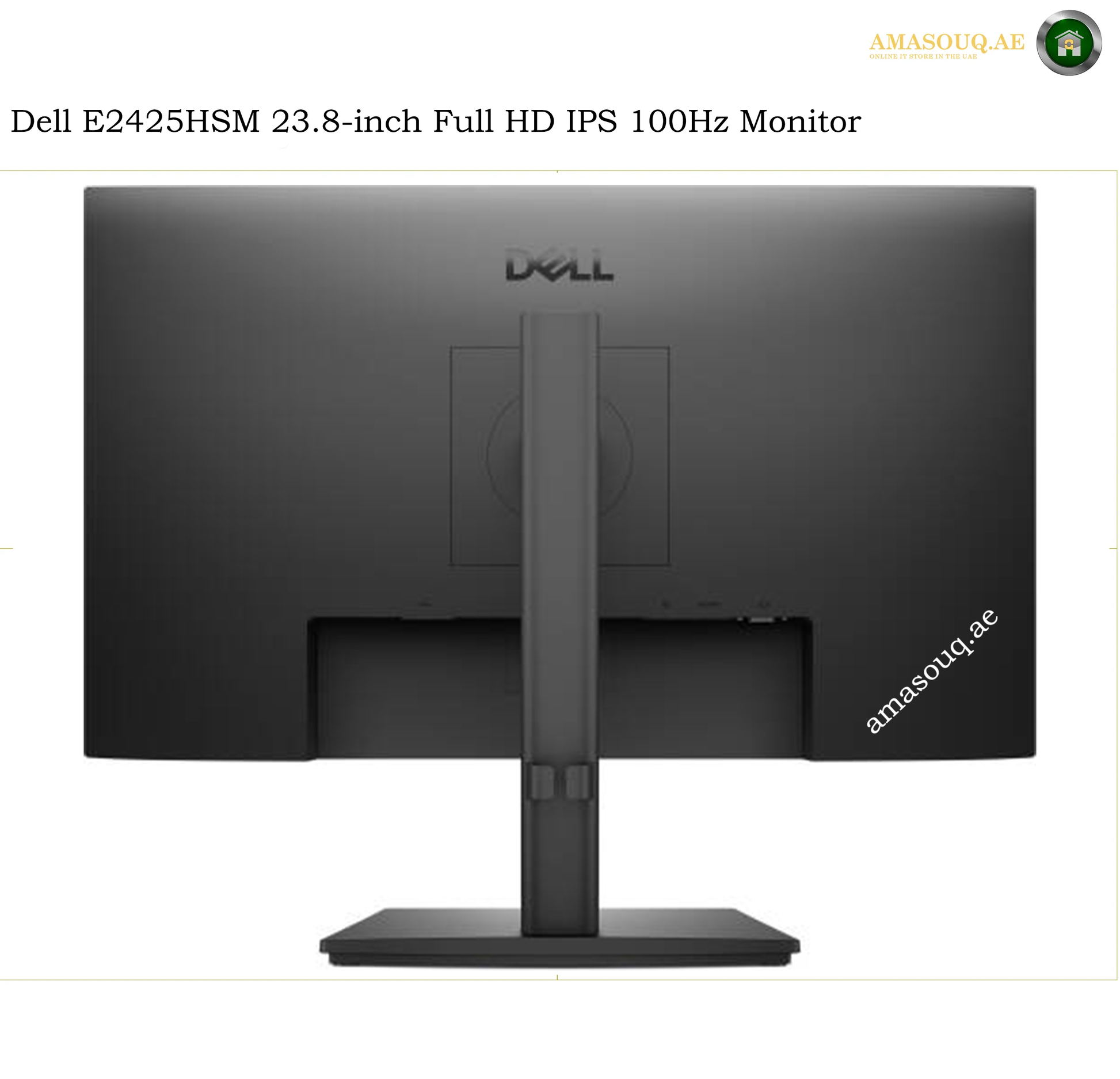 dell-e2425hsm-rear-view. Dell E2425HSM 23.8-inch Full HD IPS 100Hz Monitor shown from the back, featuring a matte black finish, a central stand, and a base on a white background.