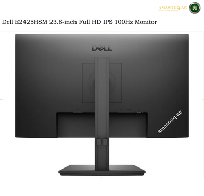 dell-e2425hsm-rear-view. Dell E2425HSM 23.8-inch Full HD IPS 100Hz Monitor shown from the back, featuring a matte black finish, a central stand, and a base on a white background.