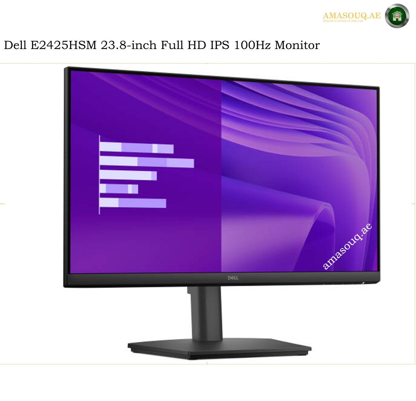 dell-e2425hsm-side-view. Dell E2425HSM 23.8-inch Full HD IPS 100Hz Monitor with a black stand and bezel, shown on a white background with text overlay and an Amasouqae watermark.