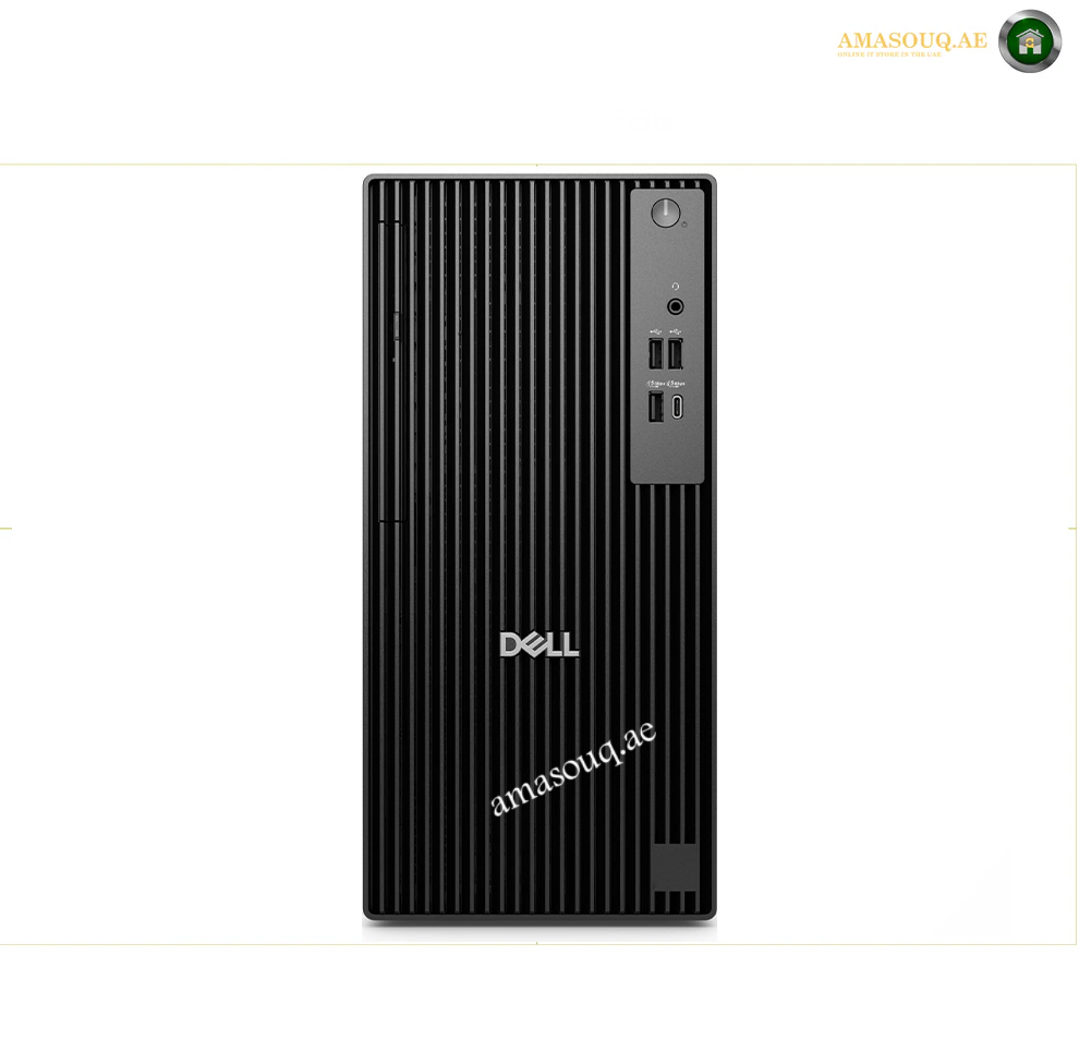 Dell KB216 Wired Keyboard and MS116 Wired Mouse. A black Dell desktop computer tower with a ribbed front panel and vertical port panel on the right side, shown against a plain white background.