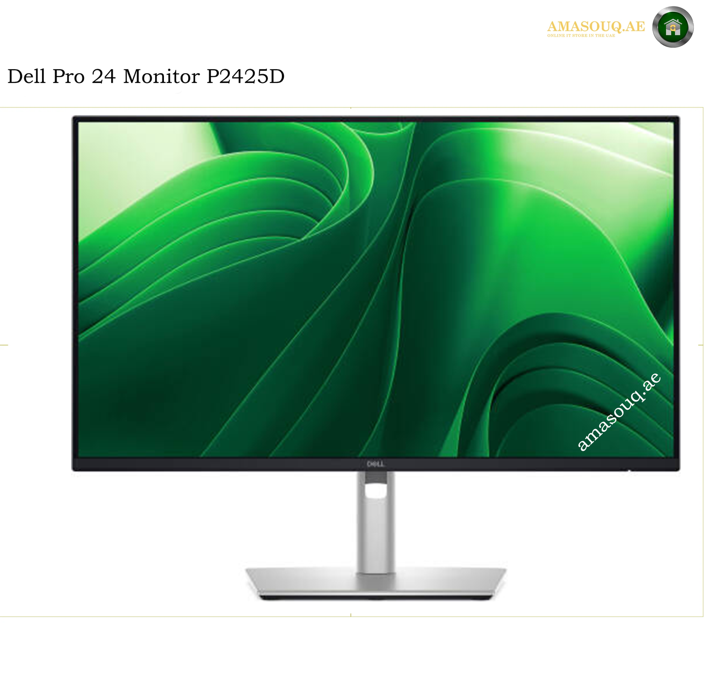 dell-p2425d-23-8-inch-qhd-100hz-monitor. Dell Pro 24 Monitor P2425D computer monitor with a slim black bezel and a silver stand, displaying a green abstract wallpaper on a white background.