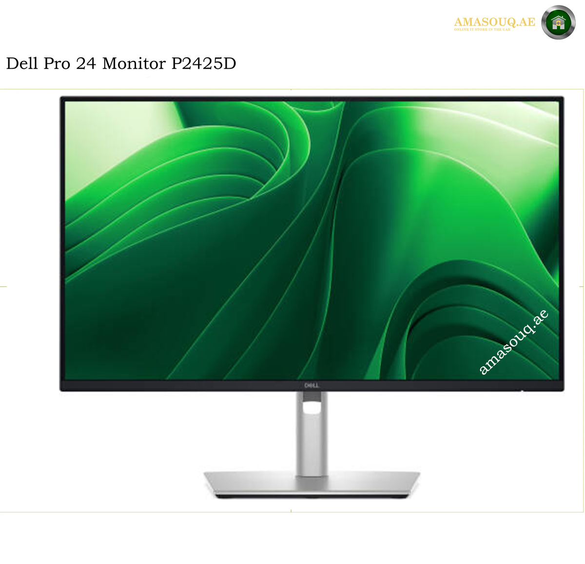 dell-p2425d-23-8-inch-qhd-100hz-monitor. Dell Pro 24 Monitor P2425D computer monitor with a slim black bezel and a silver stand, displaying a green abstract wallpaper on a white background.