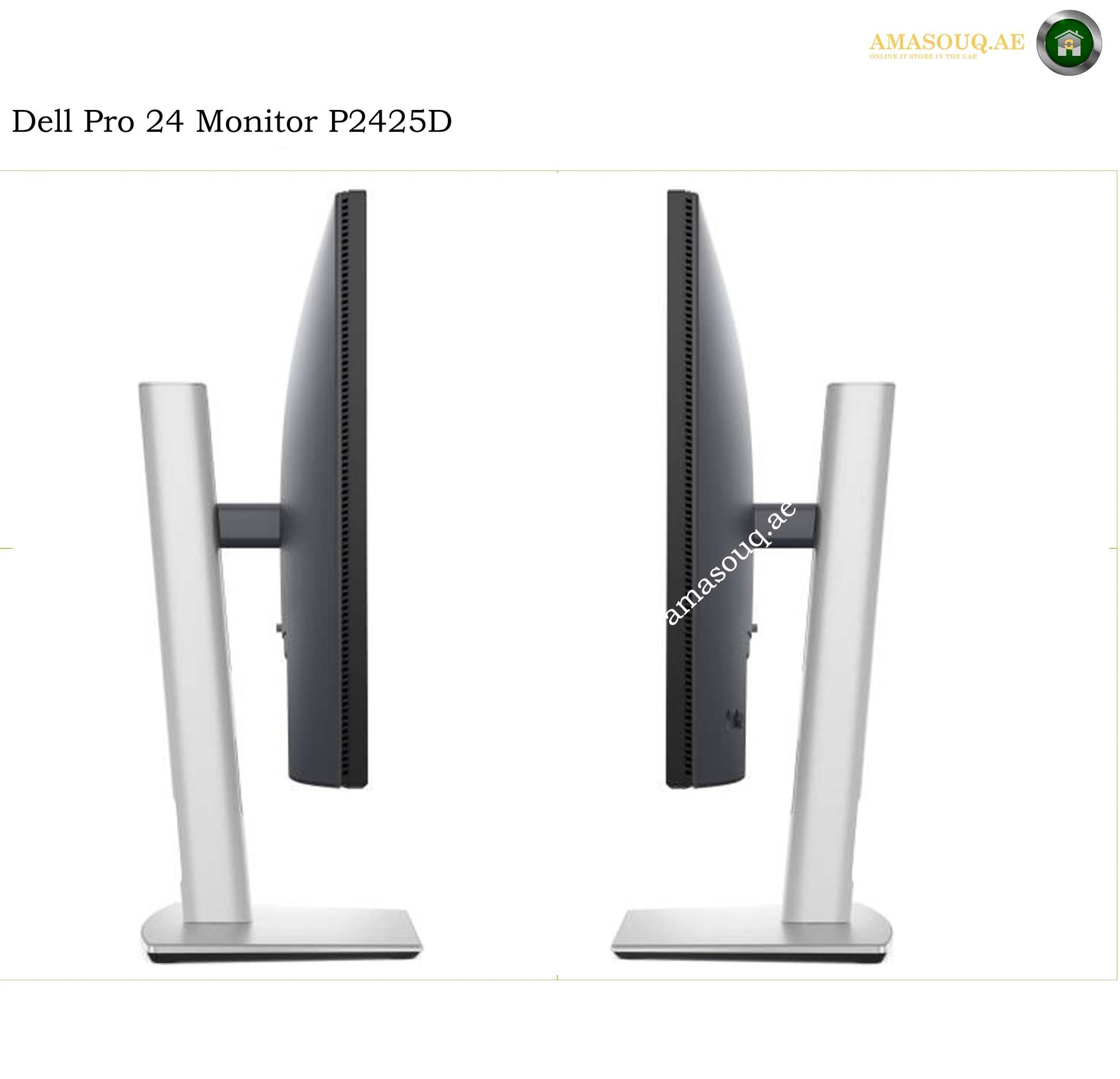 dell-p2425d-adjustable-stand. Two views of a Dell Pro 24 Monitor P2425D showing the rear and side profiles of the monitor on a white background, with 'Dell Pro 24 Monitor P2425D' text at the top left and an 'AMASOUQAE' watermark at the top right.